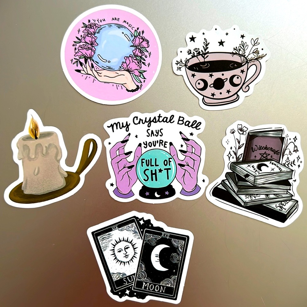 Set of 6 Witchy, Tarot & Crystal Waterproof Stickers